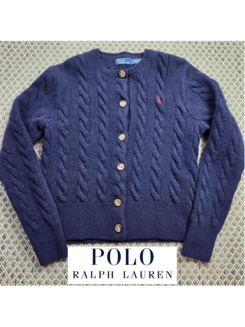 Polo Ralph Lauren Womens XL Cable Knit Wool Cashmere Cardigan Navy Pony